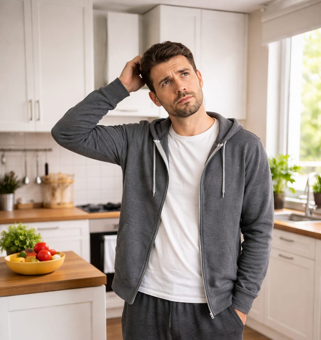 Mann steht nachdenklich in der Küche und kratzt sich am Kopf, weil er vergessen hat, was er holen wollte